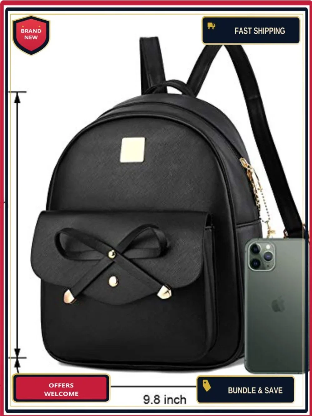Faux Leather Bowknot 3-Piece Backpack for Women Ladies Rucksack Travel